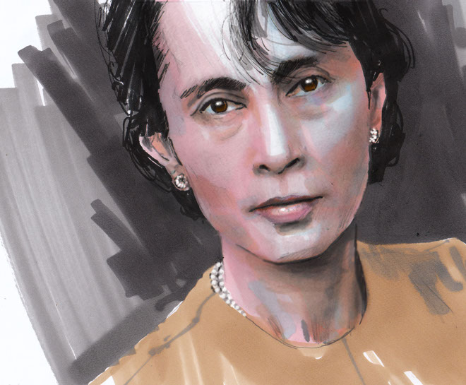 Aung San Suu Kyii. Portrait in Pantone Marker